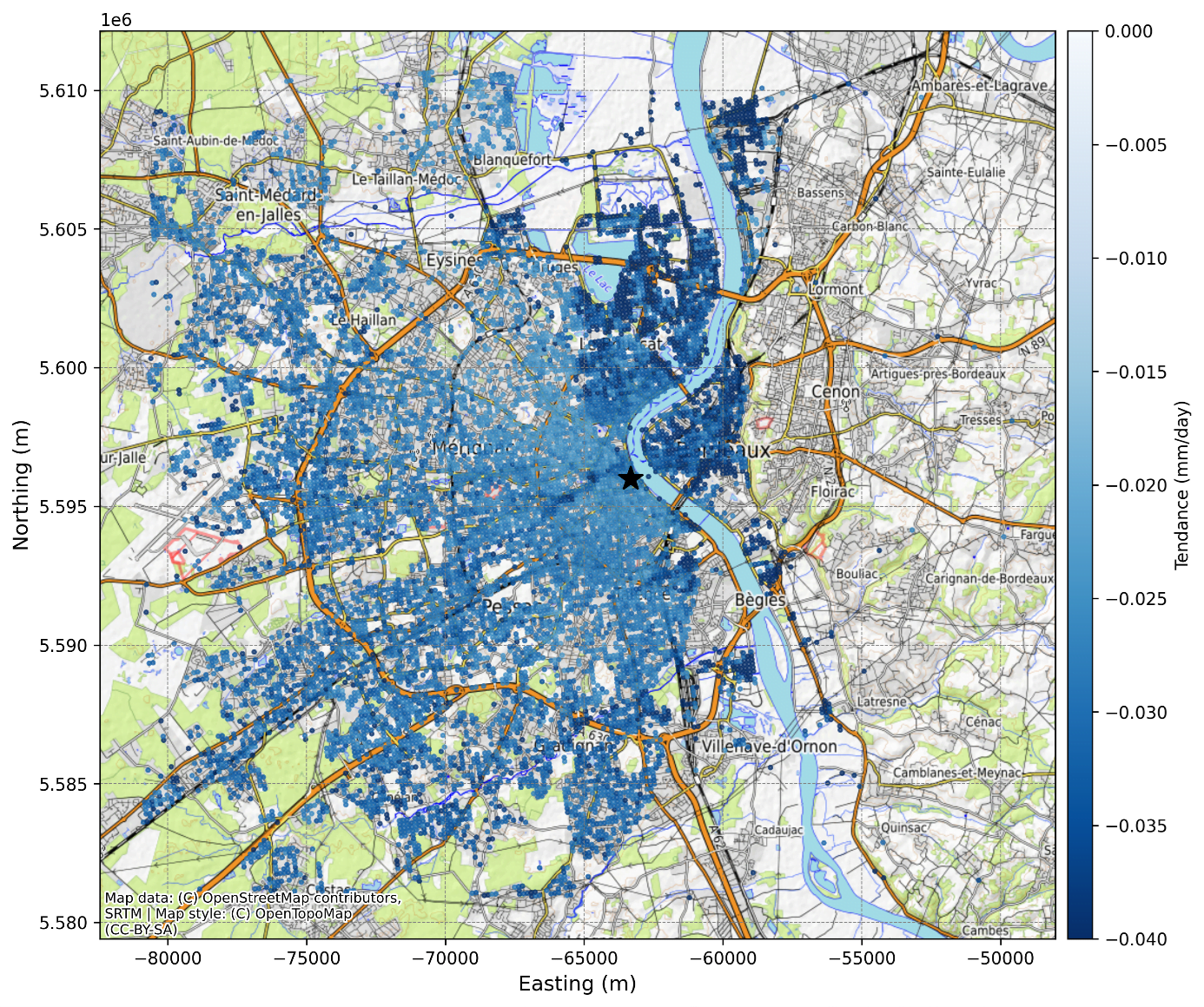 inSAR : Cartographie de la pente de déplacement du sol dans la métropole bordelaise